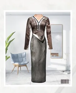 Detailed view of long sleeve dress with 3D trompe-l'oeil digital floral print design
