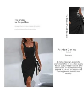 Detail of a black sleeveless dress showing the side drawstring and ruched design fabric
