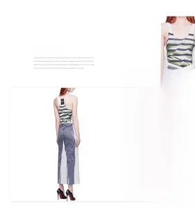 Detail of green striped camisole paired with mesh overlay jeans and high heels