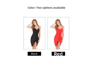 Slim fit mini dress with V-neckline and ruffled slit detail shown in red and black