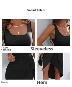 Detail of square neck sleeveless black dress featuring waist ruching and split hem