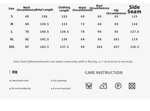 Detailed size chart for tight-fitting maxi dress with washing instructions and measurements