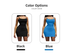 Detail view of slim fit mini dresses in black and blue with thin shoulder straps