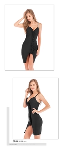 Detail of black mini dress with spaghetti straps, side ruffles and hem slit