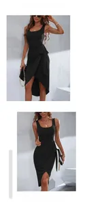 Detail of a slim-fit black sleeveless dress featuring asymmetrical split hem and waist tie