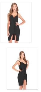 Close-up of sexy black V-neck dress featuring ruffled details and a subtle front slit