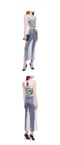 Front and back view of a slim-fit maxi dress featuring trompe-l'oeil denim print