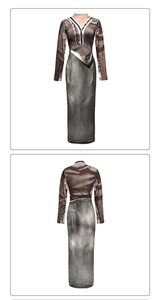 Front and back view of a digital print maxi dress with V-neck and leather belt pattern