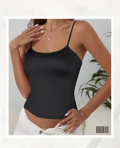 Close-up of thin shoulder straps and smooth black fabric on a slim-fit camisole top