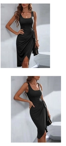 Detail of black sleeveless dress featuring side lace-up ruching and wrap design