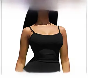 Detail view of fashionable round neck and slim fit shoulder straps on black mini dress