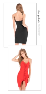 Detail view of stylish mini dress with chic ruffle trim and elegant side slit design