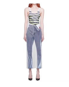 Detail of creative trompe l'oeil dress with realistic striped vest and blue denim jeans print