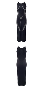 Detail of silver rhinestone female body silhouette on sexy black bodycon maxi dress