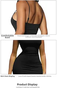 Detail of adjustable straps and high-quality double-stitched hem on black bodycon dress