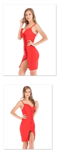 Detailed view of the red V-neck dress with ruffle trim and side slit hem design