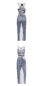 Detail view of white maxi dress with trompe l'oeil stripe tank and denim jeans print