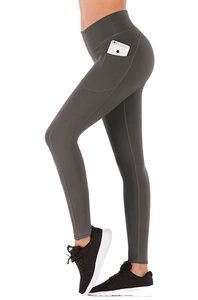Deep grey high-waisted yoga leggings featuring functional side pockets for smartphones