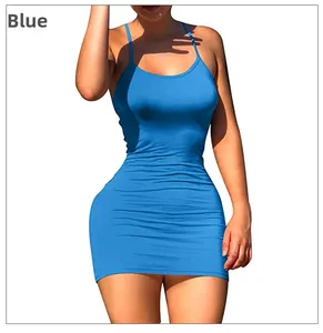 Detailed close-up of the blue slim-fit mini dress showing knitted texture and thin straps