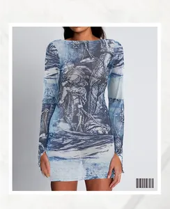 Close-up of semi-sheer mesh fabric with blue classical art print and long sleeves