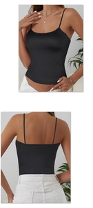Front and back detail of slim fit black camisole top with thin shoulder straps