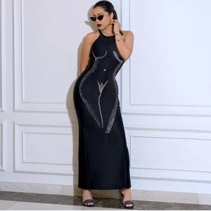 Sexy black sleeveless halter bodycon maxi dress with silver body outline rhinestone print