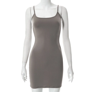 Front view of slim fit gray mini dress on mannequin showing smooth texture and spaghetti straps
