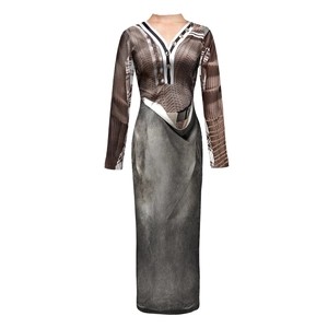 Women's 3D Visual Illusion Print Maxi Dress Long Sleeve V-Neck Trompe-l'oeil Style Slim Fit Casual Party Dress