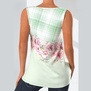 Haut sans manches vert clair pour femme avec motif à carreaux et imprimé floral