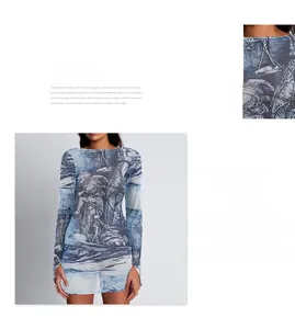 Close-up of sheer mesh fabric featuring classical blue digital art print and neck detail