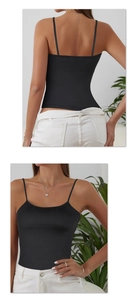 Front and back detail of a slim-fit black camisole with thin straps and elastic fabric