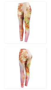 Nahaufnahme der floralen Leggings mit Mesh-Gewebe und künstlerischem Ölgemälde-Druckmotiv