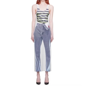 Sleeveless maxi dress with creative 3D trompe l'oeil stripe and denim jeans print