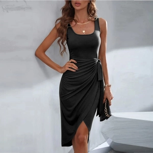 Sleeveless black bodycon dress with side wrap drawstring and asymmetric slit hem for women