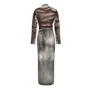 Slim fit long sleeve dress featuring vintage digital prints and rib knit textures