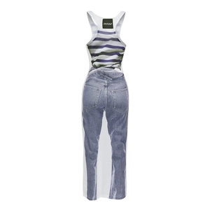 3D trompe l'oeil illusion dress featuring a striped tank top and blue jeans print