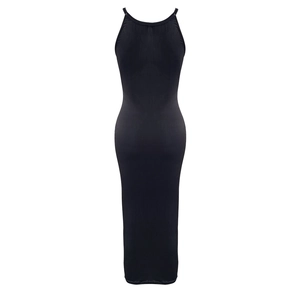Slim fit black sleeveless bodycon maxi dress with a halter neck on a white background