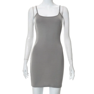 Detailed view of grey bodycon mini dress with thin straps on mannequin display