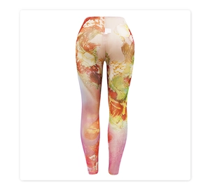 Detailansicht der High-Waist Mesh-Leggings mit abstraktem orange-rosa Blumenmuster