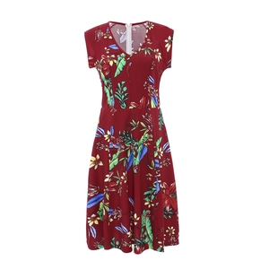 Robe mi-longue vintage sans manches à col en V, rouge vin avec imprimé floral coloré