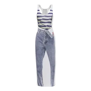 Women's sleeveless maxi dress featuring unique 3D trompe l'oeil stripe and denim print