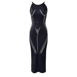 Sleeveless bodycon maxi dress in black with rhinestone artistic female body silhouette