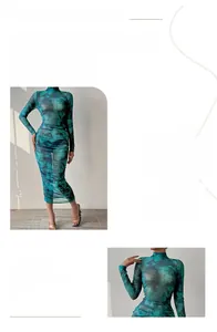 Détail de la robe moulante en tulle avec imprimé numérique abstrait et tissu extensible