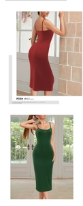 Détails de la robe midi moulante à fines bretelles en rouge foncé et vert forêt