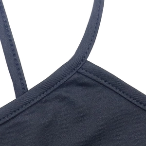 Close-up of seamless stitching on the thin shoulder strap of a black camisole top