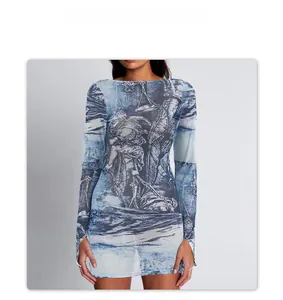 Detail showing sheer mesh fabric with blue classical graphic print and long sleeves