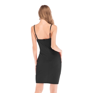 Back view of a sexy black bodycon mini dress with thin straps and a hidden zipper