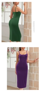 Détails de robes moulantes en vert foncé et violet avec une texture en maille fine