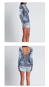 Detailed back view of mesh mini dress featuring blue artistic print and deep U-back cutout