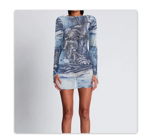 Detail of sheer mesh long sleeve dress with classical art print and slim-fit cut
